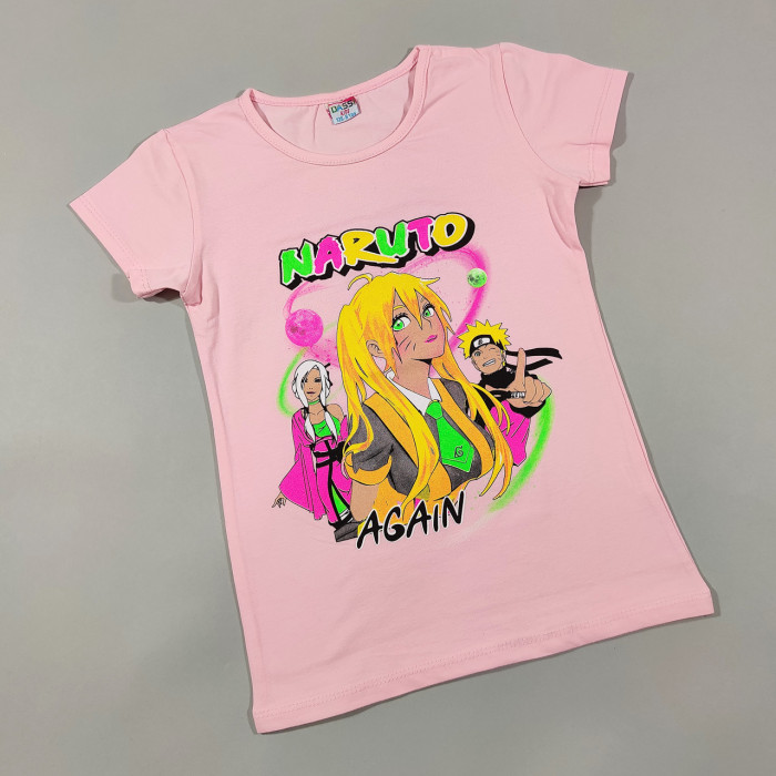 ОПТОМ Дитячі футболки для дівчаток 4,5,6,7,8 років Naruto again рожева