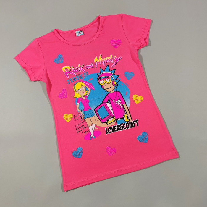 ОПТОМ Детские футболки для девочек 4,5,6,7,8 лет Rick and Morty ярко-розовая