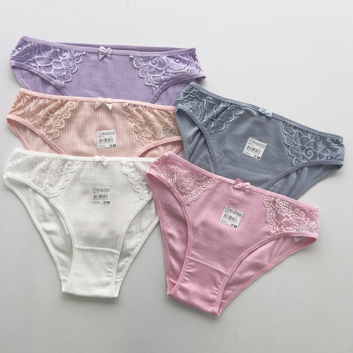 Женские хлопковые трусики в рубчик - кружево по бокам -5 шт. Размер: M