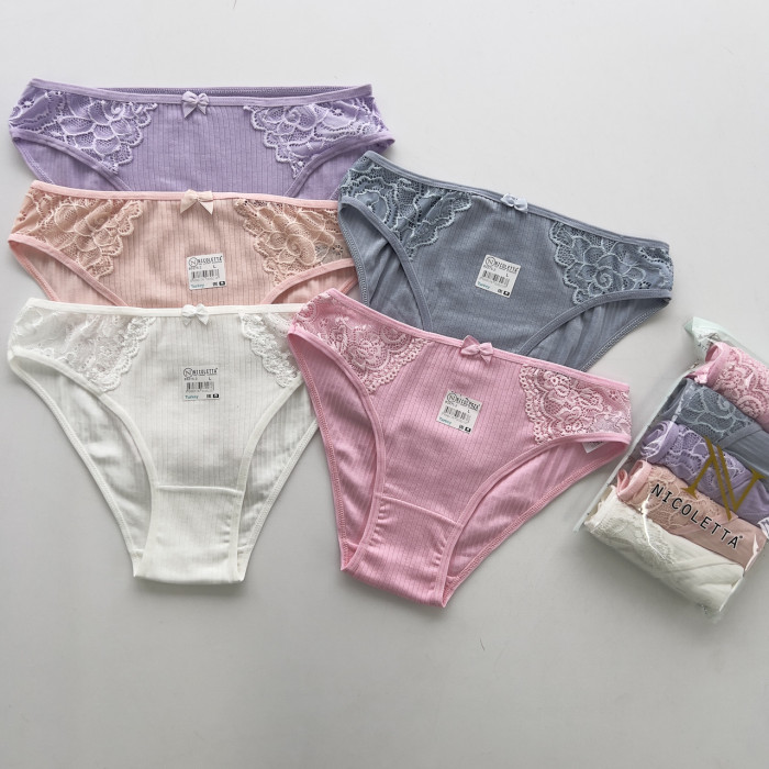 Женские хлопковые трусики в рубчик - кружево по бокам -5 шт. Размер: L