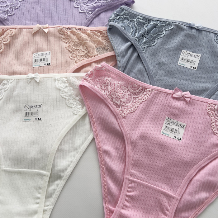 Женские хлопковые трусики в рубчик - кружево по бокам -5 шт. Размер: L