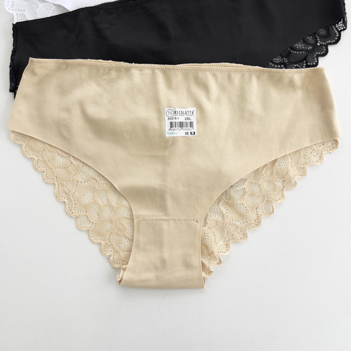 Однотонные трусики с кружевом сзади - бесшовные батал Размер: 4XL. ( 5 шт/уп). ТМ. Nicoletta