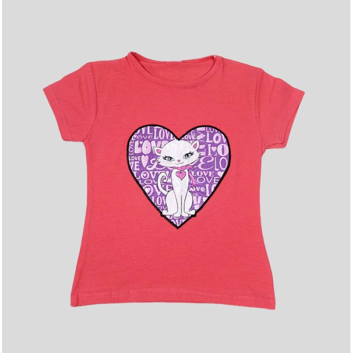 ОПТОМ Дитяча футболка для дівчаток "Кішка" 3,4,5,6,7 років корал