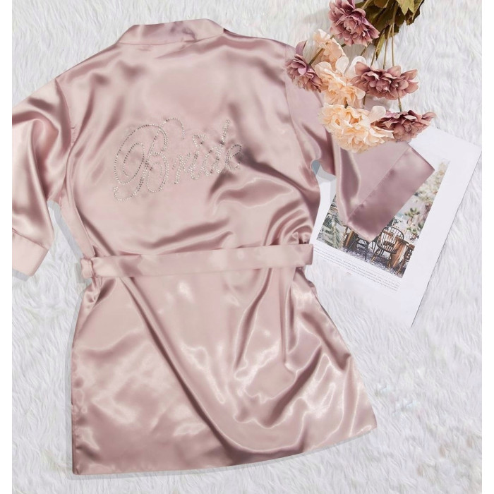 Жіночий халат сатиновий (3 шт/уп) р. M, L, XL. Прикрашений стразами. Преміальної якості. Колір: пудра